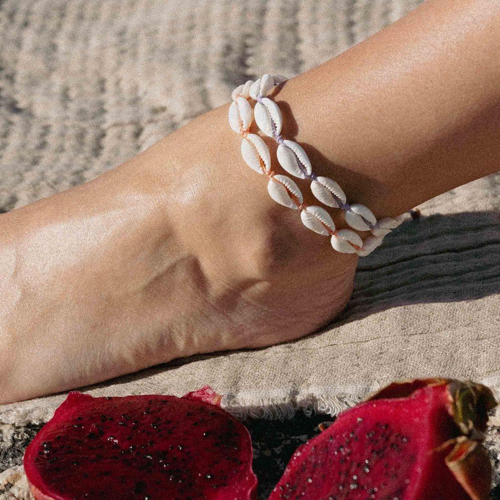 Livadi Beaded Anklet, Adjustable Surf Ankle Bracelet: Cream