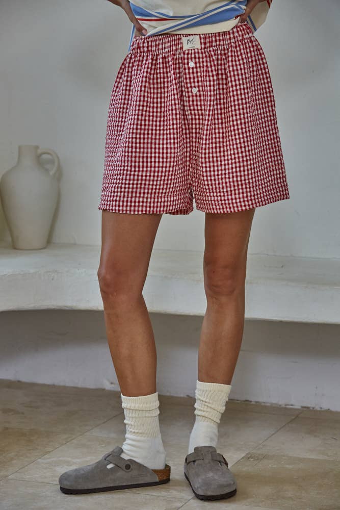 Woven Gingham Print Shorts Red