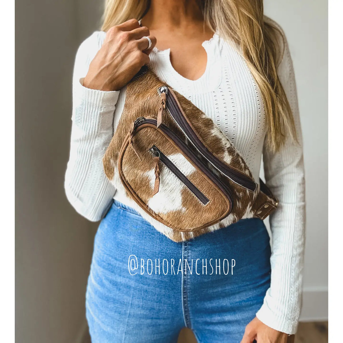 Cowhide Bum Bag - Tan + White