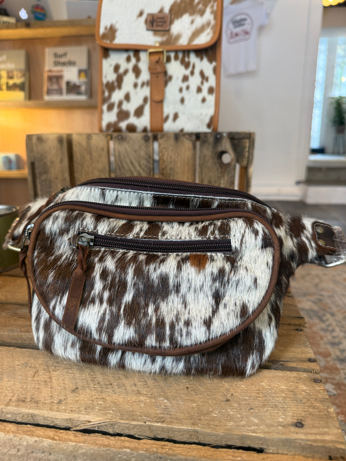 Cowhide Bum Bag - Brown + White