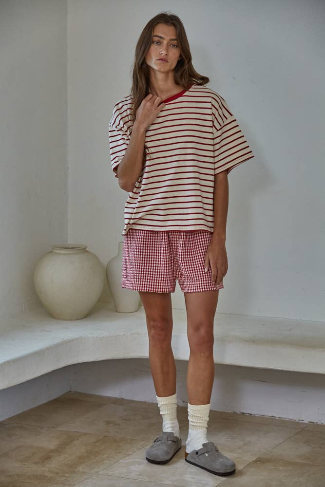 Woven Gingham Print Shorts Red
